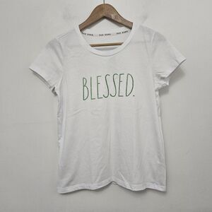 RAE DUNN Women's White 'Blessed' Crew Neck Cap Sleeve T-Shirt Size S